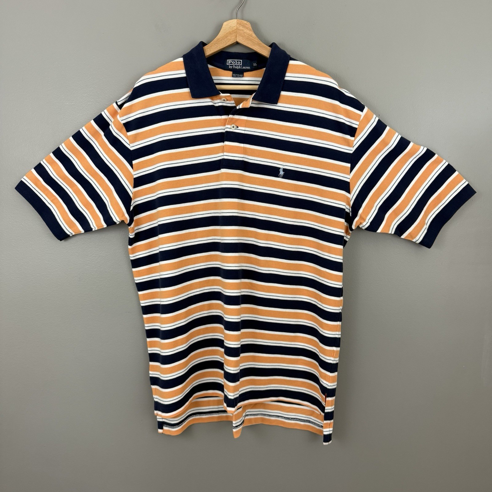 Polo Ralph Lauren vintage taglia XL a righe manica corta arancione blu camicia pony cotone