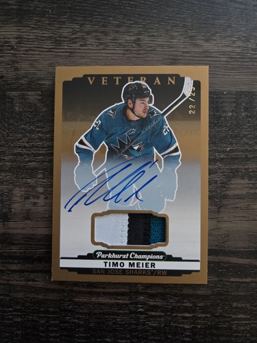 2022-23 Upper Deck Parkhurst Champions 22/25 Timo Meier Game Used Patch Auto
