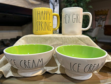 Rae Dunn Artisan Collection 4 Pc Set Ice Cream Bowls Mugs Happy Spring Hey Girl