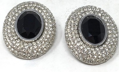Ciner Vintage Statement Rhinestone & Faux Onyx Large Oval Clip-On Earrings