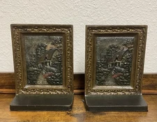vintage Bradley Hubbard bookends, polychrome, home and castle. circa 1925