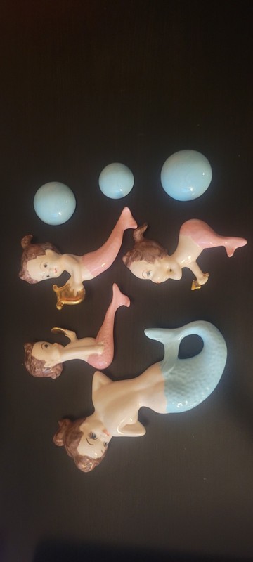 Vintage 1950's Mermaid Wall Plaques Set- 7 Pc Ceramic Mermaids w/ Bubbles
