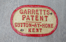 Vintage Cast Iron Makers Name Plate Sign Plaque GARRETTS Sutton-at-hone KENT