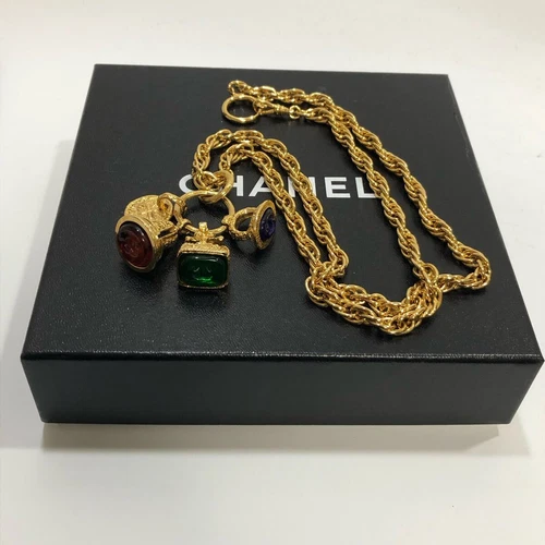 CHANEL Collana Catena Vintage Verde Rosso Blu Gripoix Vetro Charms 93A Autentica