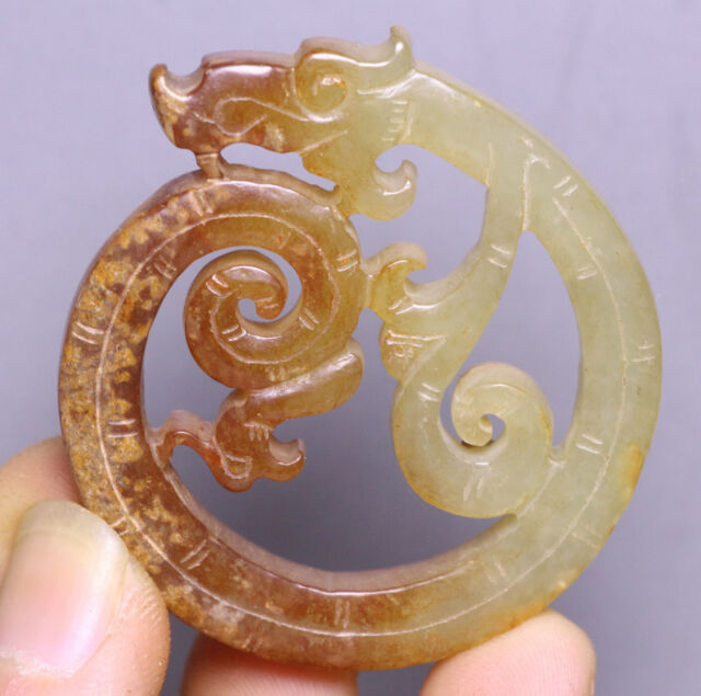 5.5CM China Hongshan Kultur Hetian OId Jade Yu Schwein Drachenhaken bi Amulett