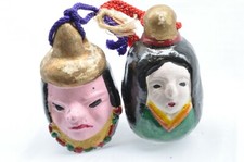 Japanese Clay Bell Ceramic Dorei Vintage old 2 face 1.77 x 1.57 x 2.75 inch