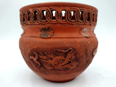 Vintage Chinese Red Clay Flower Cache Pot Planter Carved Dragon Greek Key Symbol