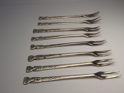 SELTEN ANTIK 925 Mexikanische Silber Oliven Plektren/Cocktail Gabeln Set 8 Figuren/Maya? - Bild 10 von 22