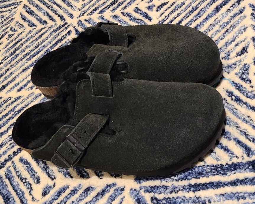 Birkenstock Boston Shearling Suede Mules Black Sz 38 Narrow | eBay