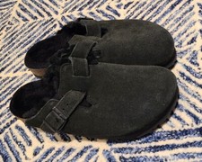 Birkenstock Boston Shearling Suede Mules Black Sz 38 Narrow