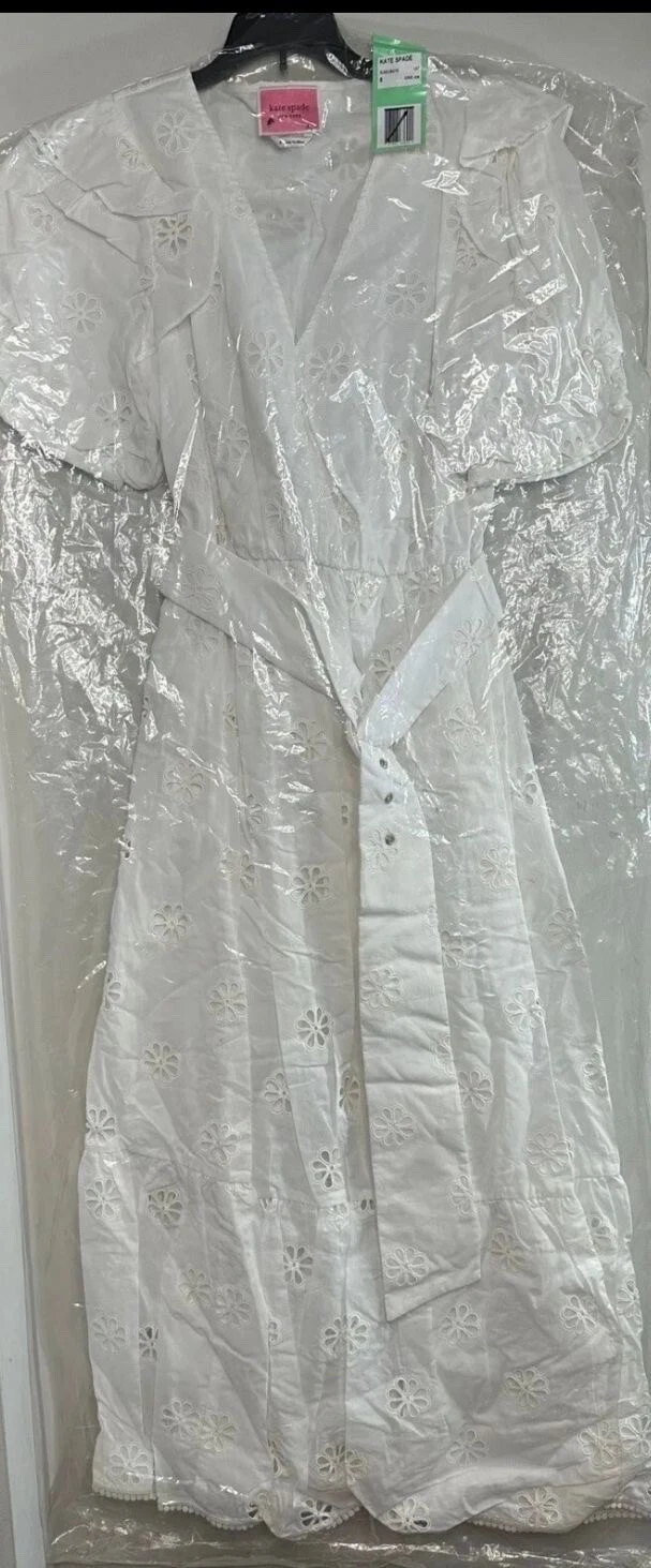 Abito donna nuovo con etichette Kate Spade New York bianco fresco 8 quadrifoglio increspato occhiello cintura