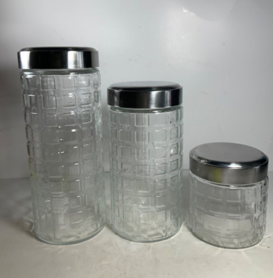 Set of 3 Amici Glass Cylinder Geometric Print Canisters & Screw on Lids