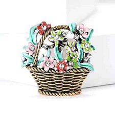 Vintage Easter Spring Flower Basket Brooch Sparkling Rhinestone Pin Jewelry Gift