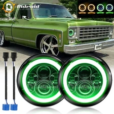 Pair 7" Round LED Headlight Green Halo DRL Hi Lo Beam For Chevy Truck Camaro C10