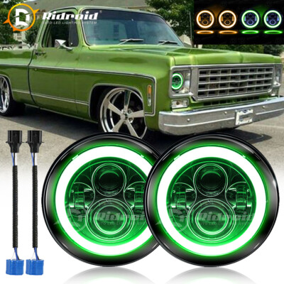 Pair 7" Round LED Headlight Green Halo DRL Hi Lo Beam For Chevy Truck