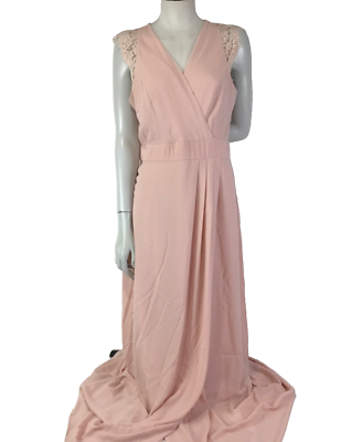 Review Dress Peach Pink Size 14 Gown Lace Chiffon A Line Faux Wrap Formal |  eBay