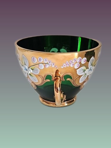 Murano Venezia Italian Green Glass Teacup and Saucer, Enamel Flowers & Gold... - Picture 3 of 9