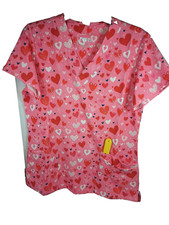 Revel Pink Hearts and Joy Scrub Top Size M 4 pockets at Hem New