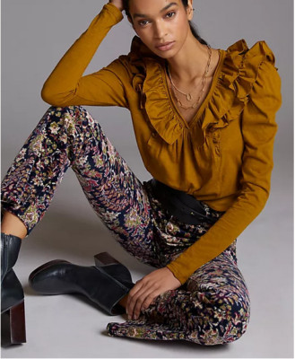 NWT Anthropologie Ruffled Down V-Neck Top Shirt Ruffle Blouse Holly gold XS