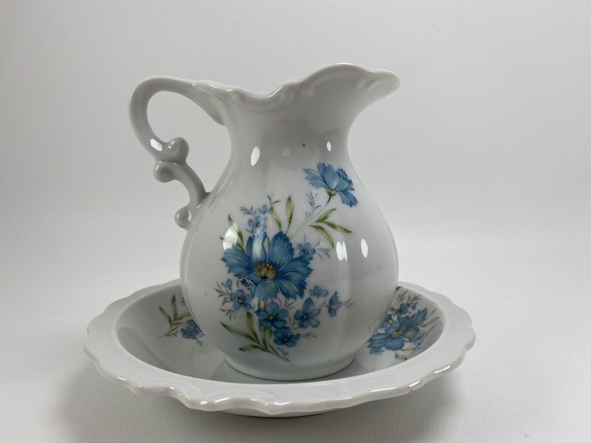 Vintage Inarco Blue Floral Pitcher And Bowl Set E-4542 Vintage Inarco Blue Floral Pitcher And Bowl Set E-4542