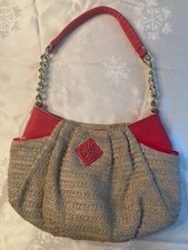 Simply Vera Wang Woven Straw Hobo Handbag Red Trim Gold Chain Shoulder Strap