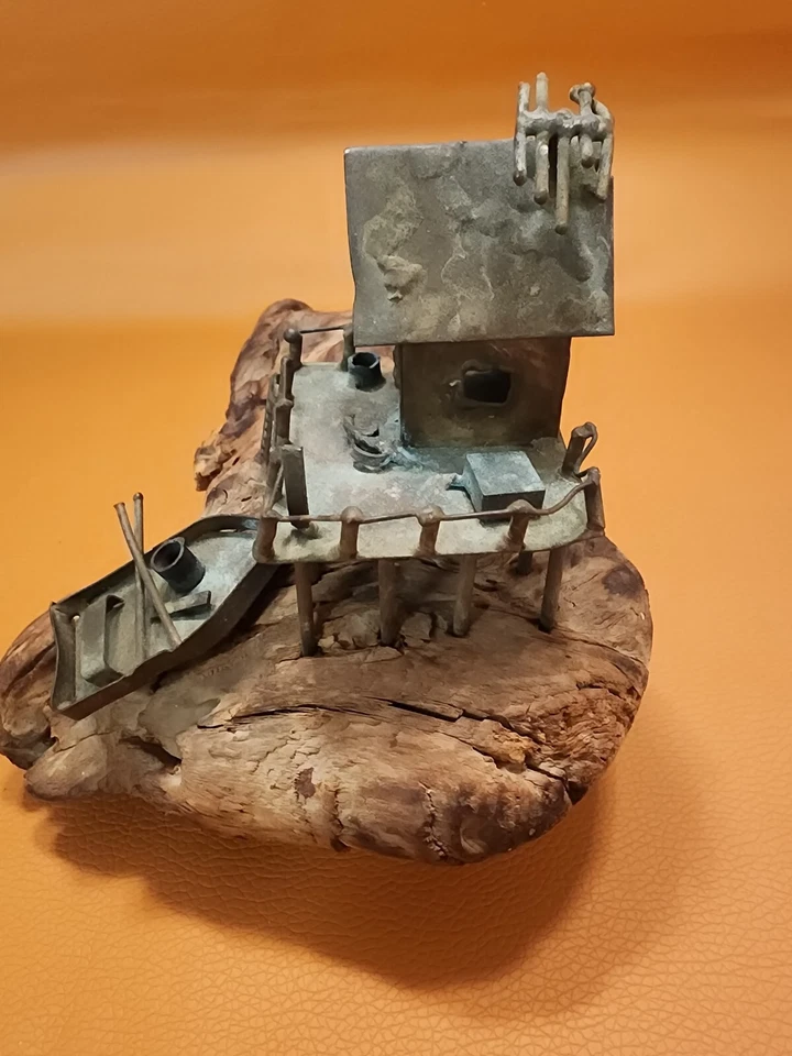 MCM BRUTALISTA ARTE ESCULTURA MADERA A LA DERIVA COBRE CABINA DE PESCA NÁUTICA CON BARCO-RARA Foto 4 de 4