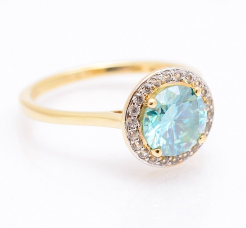 9ct 9K Yellow Gold & Cyan Moissanite Gemstone Ring With Halo & London Hallmark - Picture 8 of 13