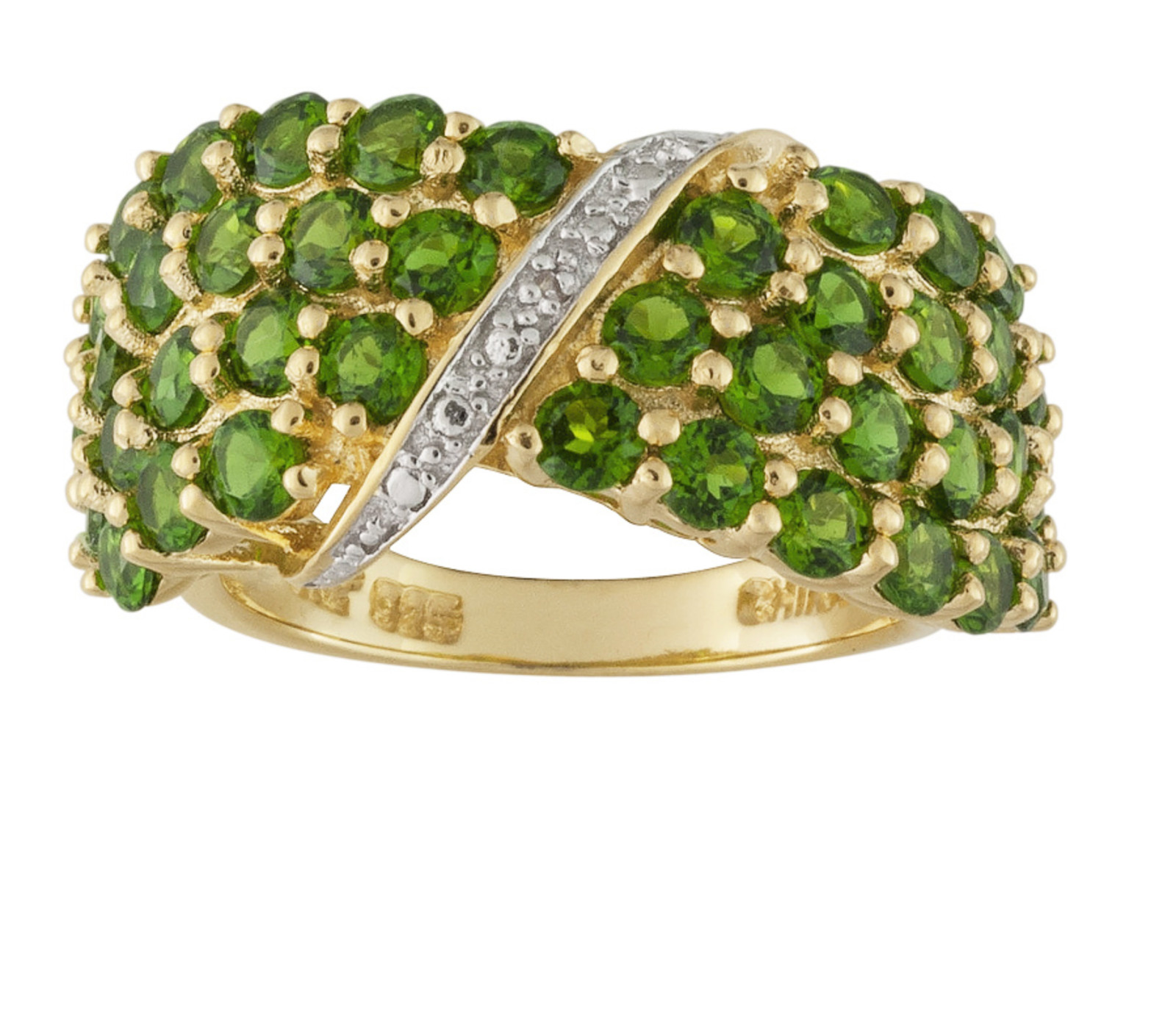 ХРОМДИОПСИД ВЕСОМ 2,43 КАРАТА, 03-КАРАТНЫЙ БРИЛЛИАНТ, УКРАШАЮЩИЙ СЕРЕБРЯНОЕ КОЛЬЦО ИЗ 18-КАРАТНОГО ЗОЛОТА