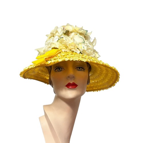 Vintage Mr John Hat 1960s Mod Yellow White Striped Straw  display picture 1