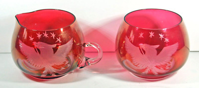 AMERICAN EAGLE CUT CRANBERRY GLASS SUGAR AND CREAMER
