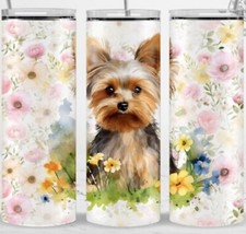 Vaso delgado YORKIE en flores 20 oz personalizado divertido regalo aislado acero inoxidable perro