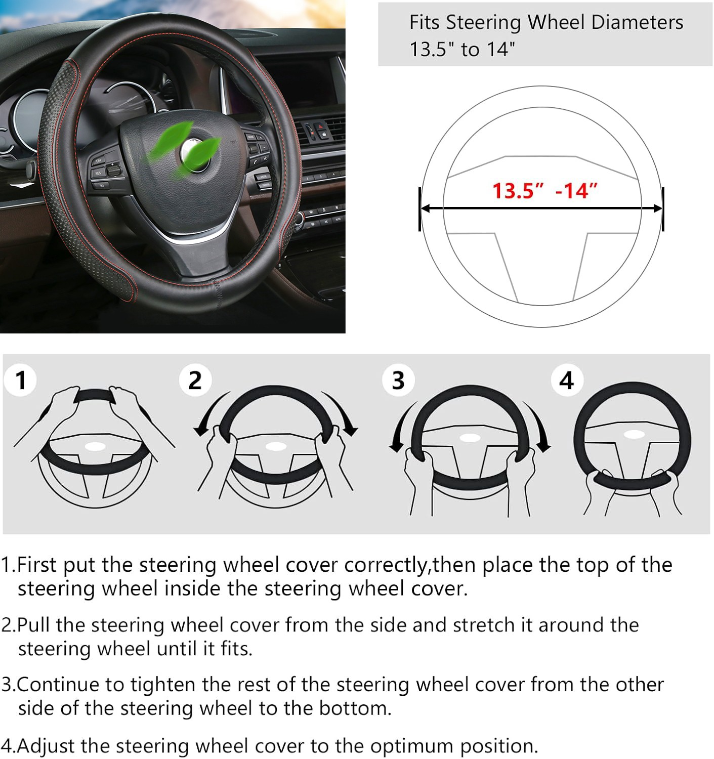 Golf Cart Steering Wheel Cover for Yamaha 13.5 to 14" Universal Leather Non-Slip