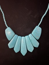 Turquoise Statement Beaded Necklace Bohemian Asymmetrical Stone Geometric Blue