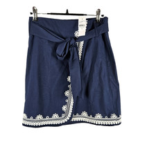 LOFT NWT Scroll Embroidered Faux Wrap Skirt Size 00 Blue White Zip Belt Work