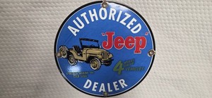 VINTAGE AUTHORIZED JEEP DEALER PORCELAIN  SIGN 12" ROUND AUTOMOTIVE 