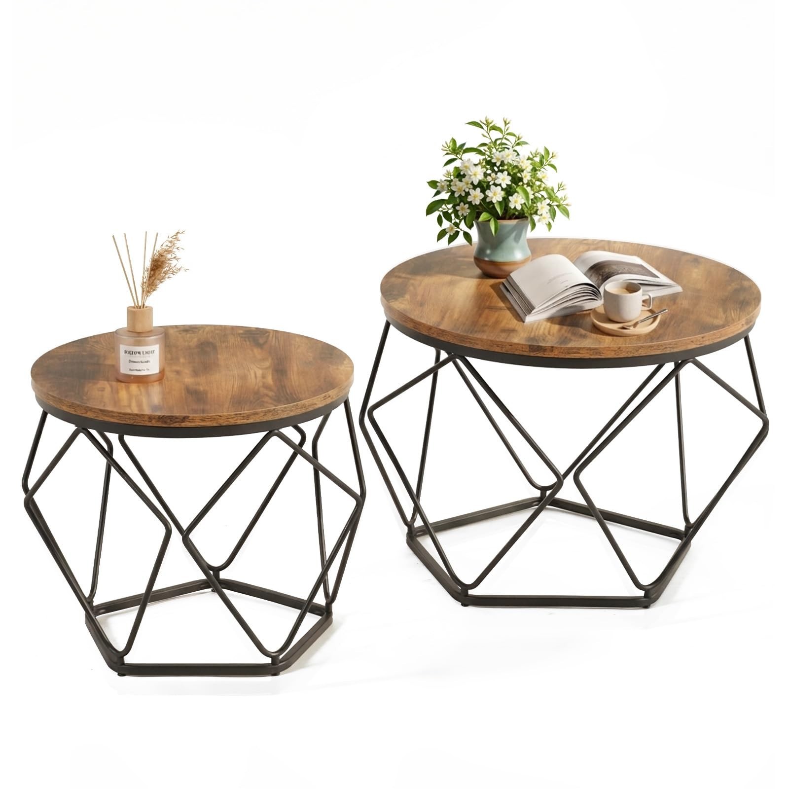 Set of 2 Modern Geometric Coffee Tables Living Room Round Side Table End Table