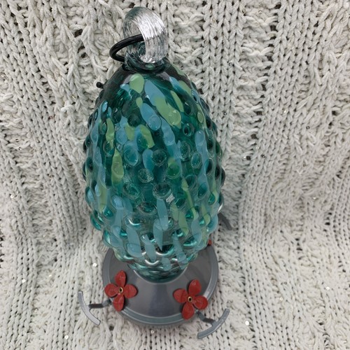 Hummingbird Feeder Hanging, Blown Glass Hobnail Blue Green - Picture 6 of 8