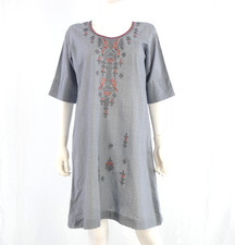 Boho Embroidered Folk Tunic Dress Grey Floral Festival Ethnic Holiday size M L