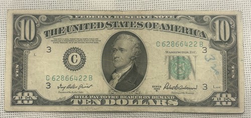 1950-B Series $10 Federal Reserve Note, Green Seal, Philadelphia, PA. - Picture 4 of 5