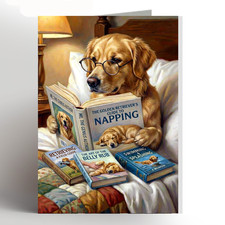 Golden Retriever birthday card.  greeting card, dog reading bed funny