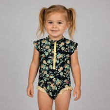 RuffleButts Swimsuit Floral Ruffle Zip Front 2T Black