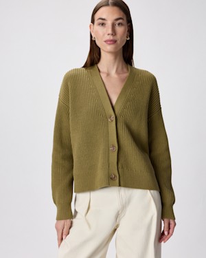 Quince Women 100% Organic Cotton Fisherman Boxy Cropped Cardigan Green XS