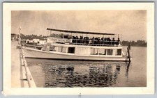Vtg B&W Snapshot Sight Seeing Boat Tourist Passengers Dock Water Reflection