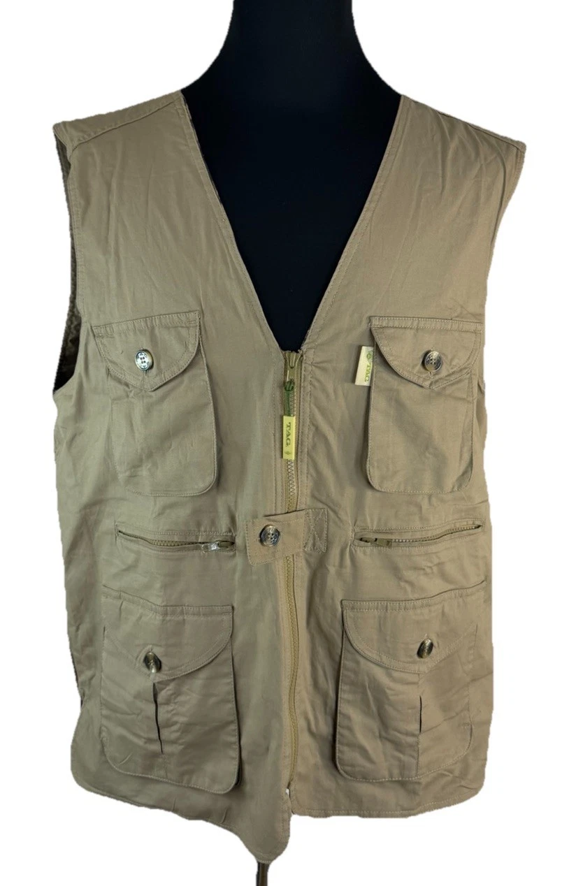 Vintage 90's TAG Safari Vest Mens Khaki Mesh Lined Full Zip Pockets Galore