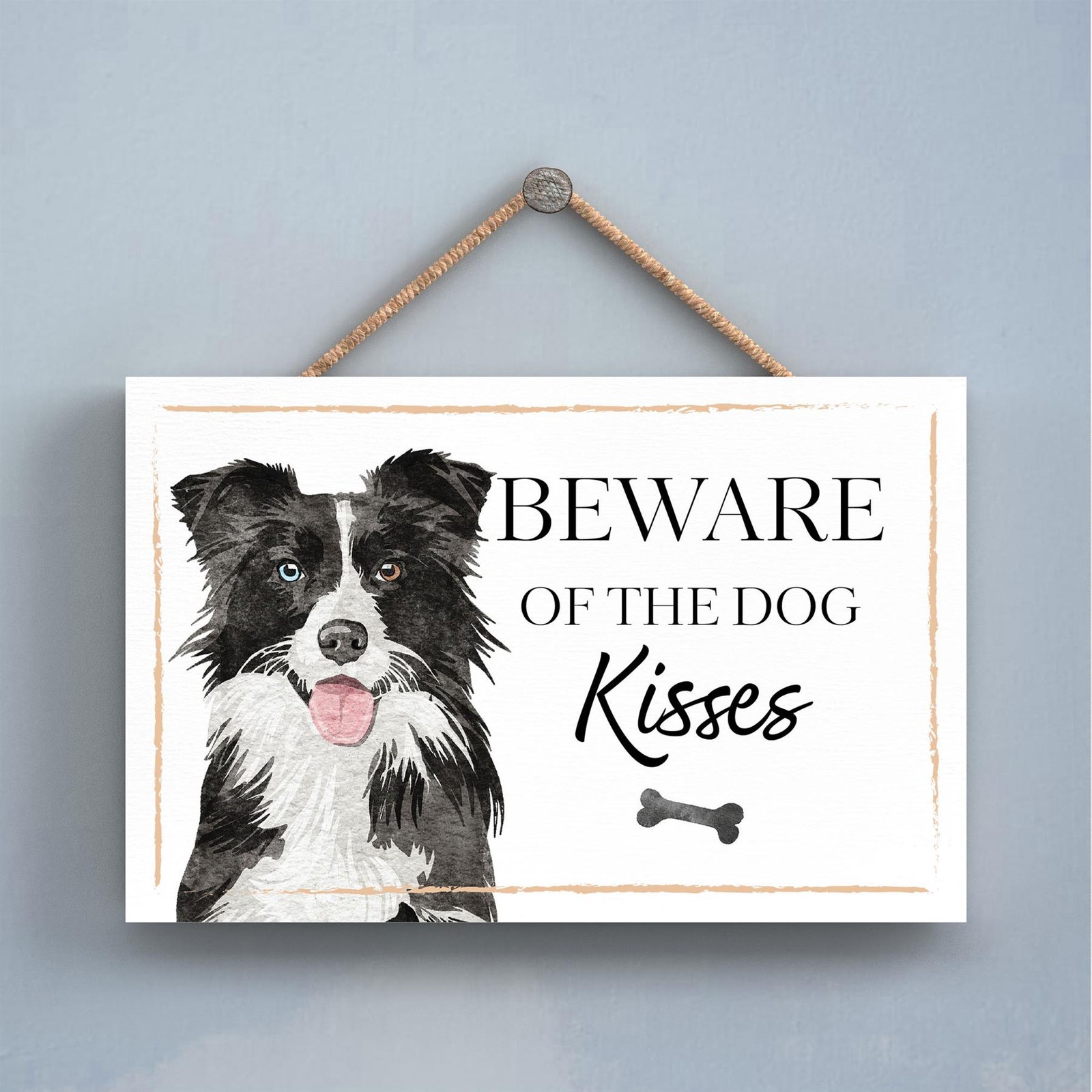 Border Collie Beware of Dog Kisses Gift Wooden Hanging Rectangle Plaque