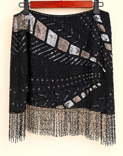 Nasty Gal Size 4 Black/Silver Geometric Beaded Sequin Fringe Mini Skirt
