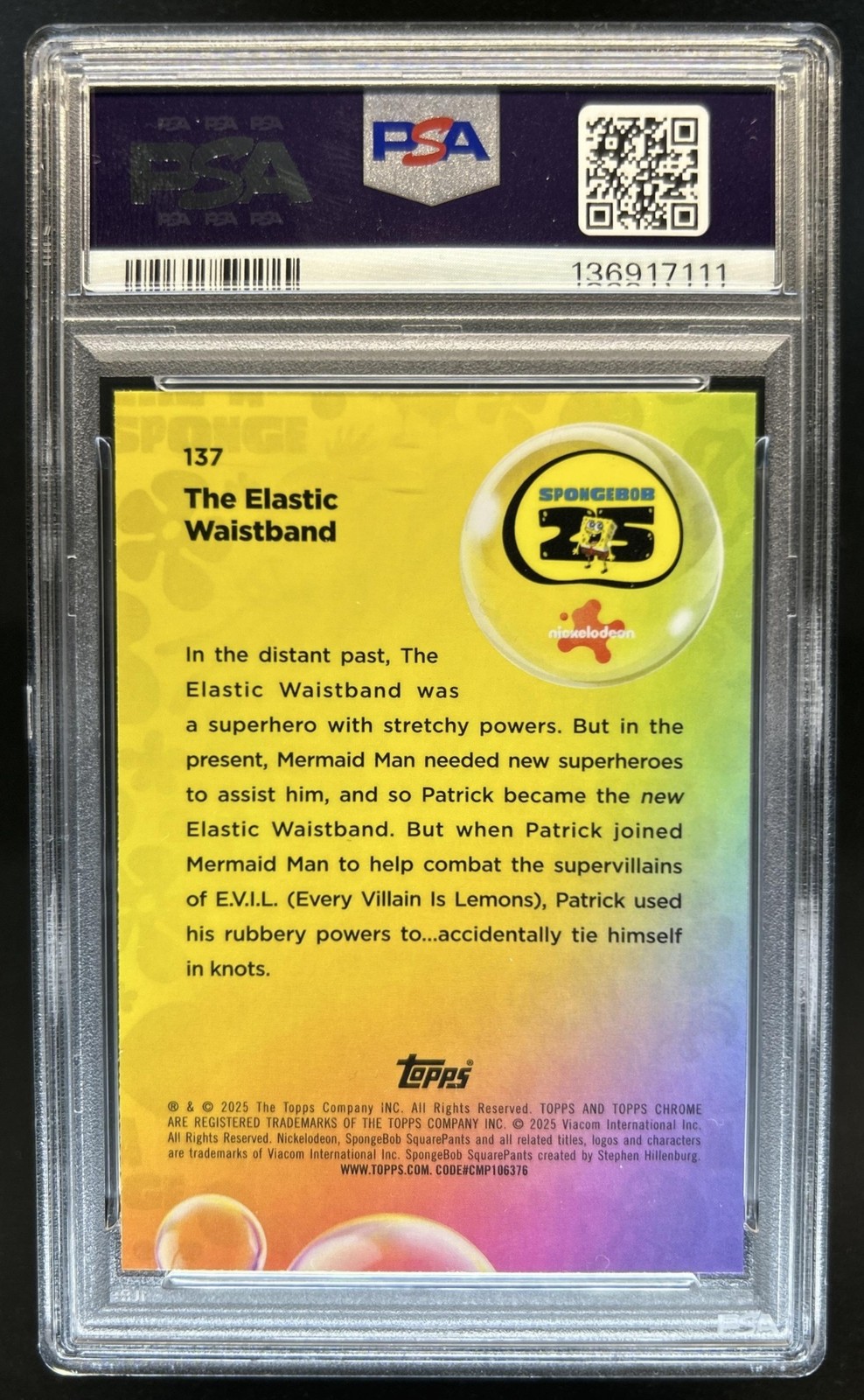 2025 Topps Chrome SpongeBob Sapphire The Elastic Waistband Green #/99 PSA 9 view 2