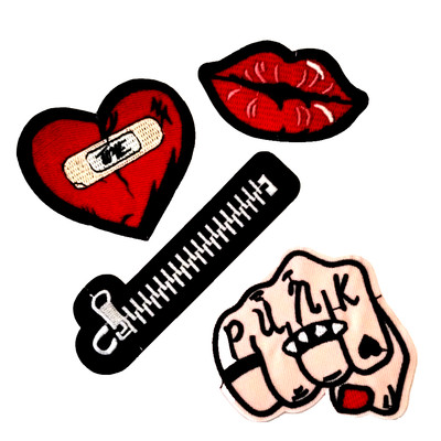 Punk Patch Set Iron On embroidered PATCHES Fist Zipper Heart Lips GOTH KNUCKLES