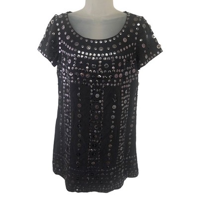 Elliott Lauren 100% Silk Sequin Dress Black Embellished Short Sleeve Sz 6