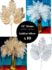 24" Glitter Leaf Pick Stems Lot of 10 Artificial Floral Holiday Craft Decor